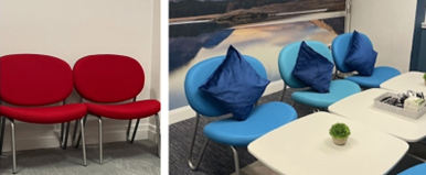 Images of the original red chairs and the re-covered blue ones in the new office